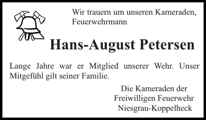  Traueranzeige für Hans-August Petersen vom 25.06.2018 aus Flensburger Tageblatt