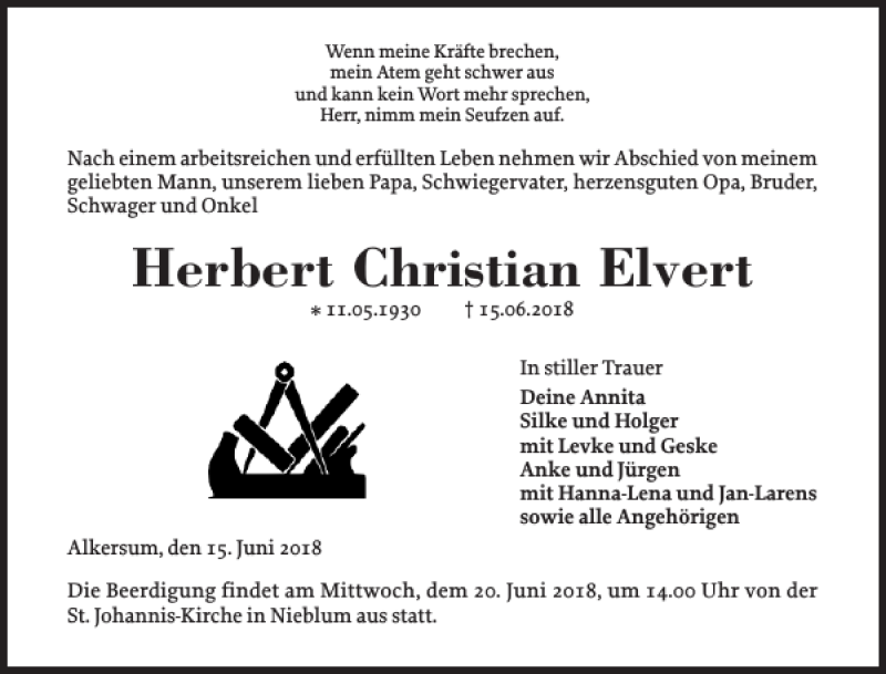  Traueranzeige für Herbert Christian Elvert vom 18.06.2018 aus Der Insel-Bote
