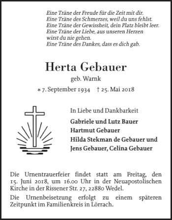 Traueranzeige von Herta Gebauer von Wedel-Schulauer Tageblatt