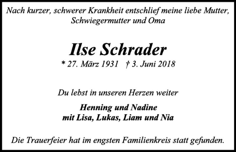  Traueranzeige für Ilse Schrader vom 16.06.2018 aus Holsteinischer Courier