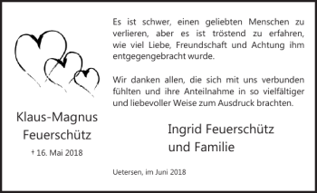 Traueranzeige von Ingrid Feuerschütz und Klaus Magnus Feuerschütz  von Uetersener Nachrichten