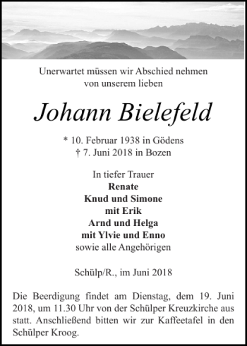 Traueranzeige von Johann Bielefeld von Landeszeitung