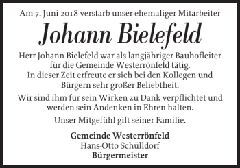 Traueranzeige von Johann Bielefeld von Landeszeitung
