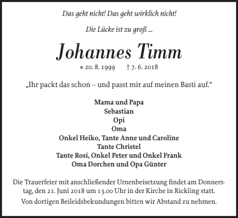  Traueranzeige für Johannes Timm vom 14.06.2018 aus Holsteinischer Courier