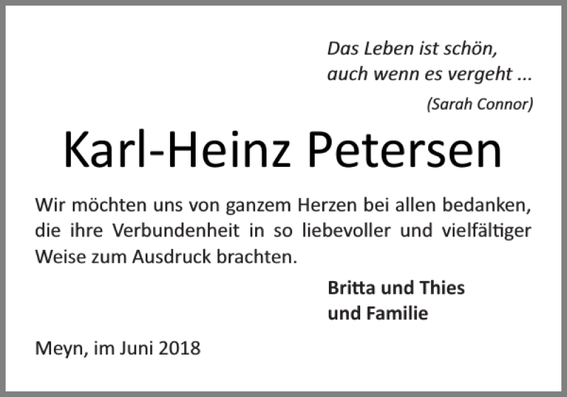  Traueranzeige für Karl Heinz Petersen vom 16.06.2018 aus Flensburger Tageblatt