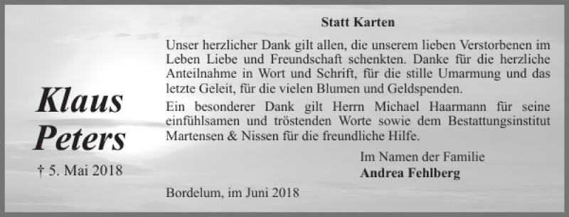 Traueranzeige für Klaus Peters vom 23.06.2018 aus Husumer Nachrichten