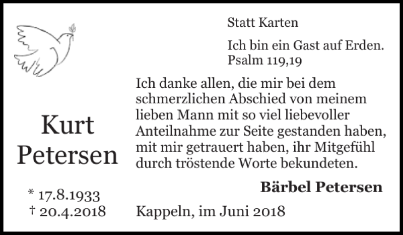  Traueranzeige für Kurt Petersen vom 02.06.2018 aus Schlei-Bote