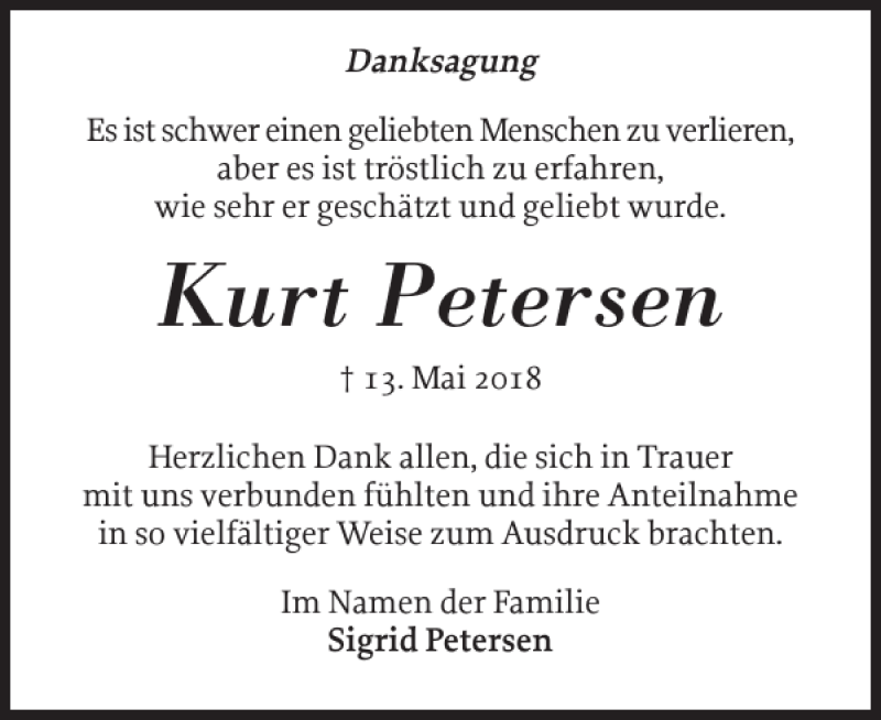  Traueranzeige für Kurt Petersen vom 09.06.2018 aus Eckernförder Zeitung