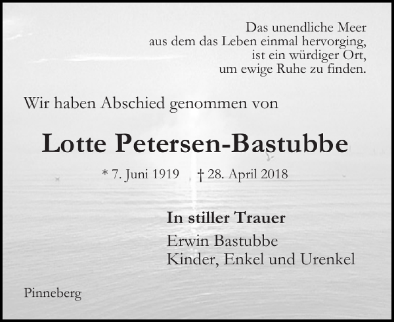  Traueranzeige für Lotte Petersen-Bastubbe vom 02.06.2018 aus Pinneberger Tageblatt