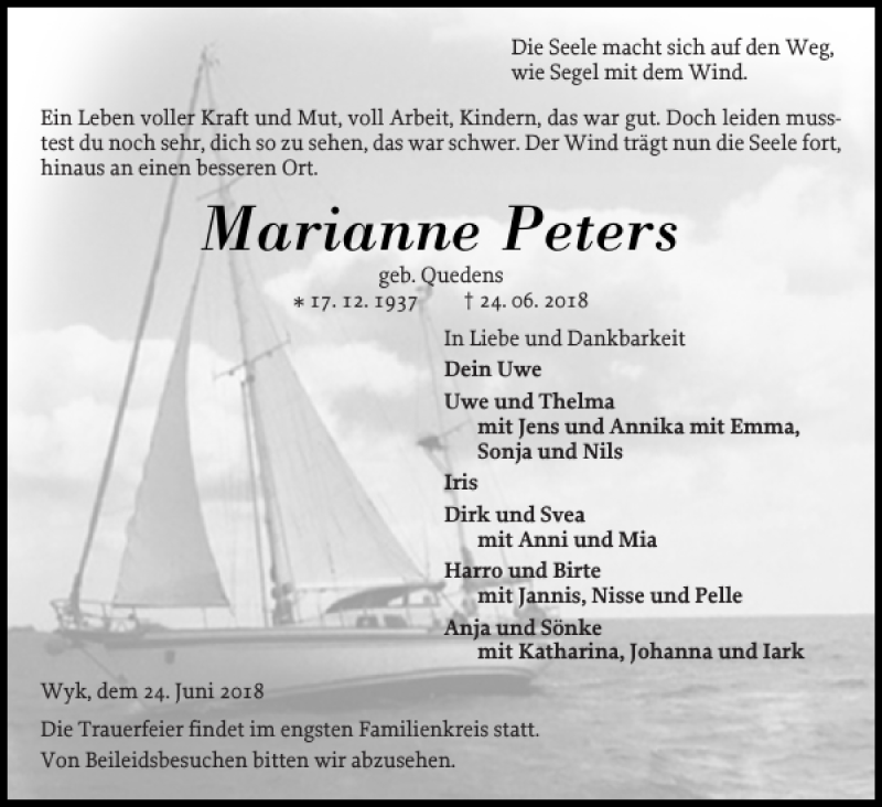  Traueranzeige für Marianne Peters vom 26.06.2018 aus Der Insel-Bote