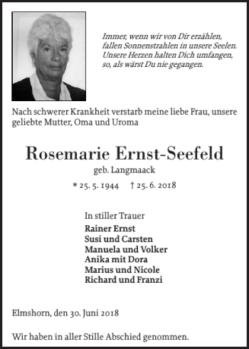 Traueranzeige von Rosemarie Ernst-Seefeld von Elmshorner Nachrichten