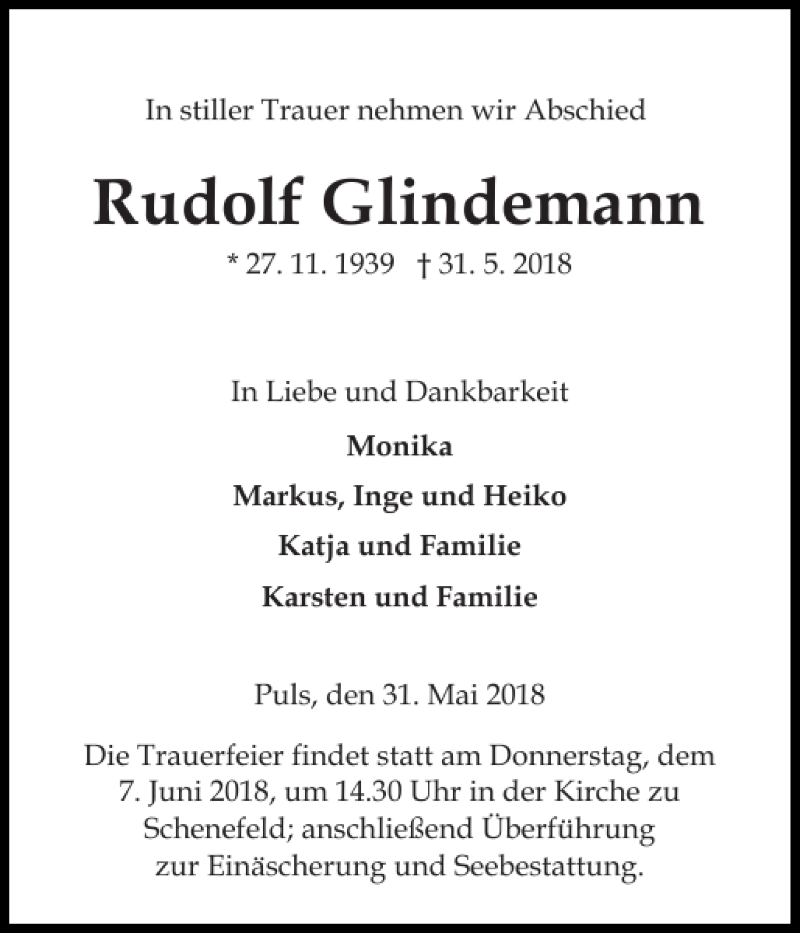 Traueranzeige für Rudolf Glindemann vom 02.06.2018 aus Norddeutsche Rundschau