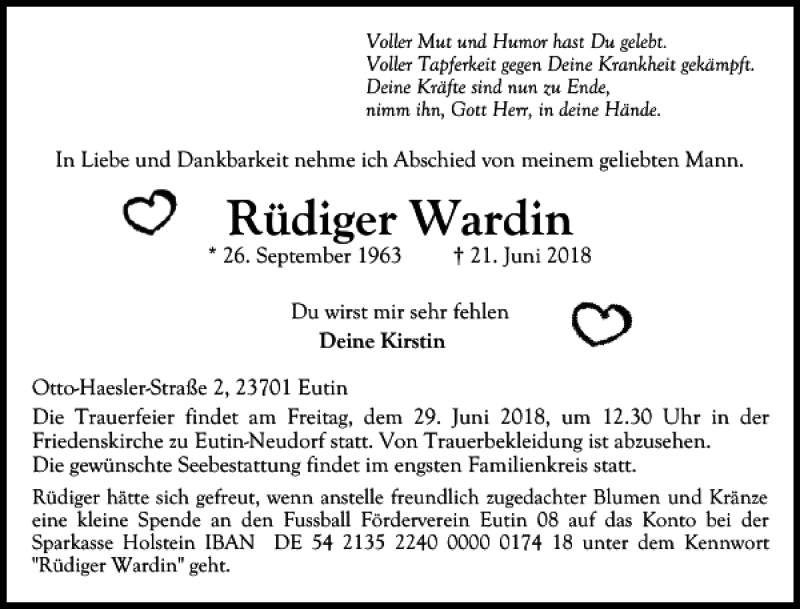  Traueranzeige für Rüdiger Wardin vom 27.06.2018 aus Ostholsteiner Anzeiger