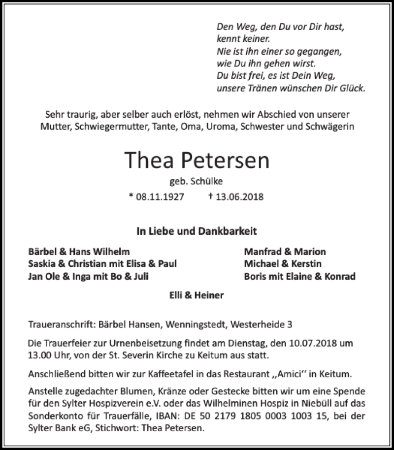  Traueranzeige für Thea Petersen vom 30.06.2018 aus Sylter Rundschau
