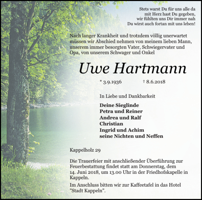  Traueranzeige für Uwe Hartmann vom 12.06.2018 aus Schlei-Bote