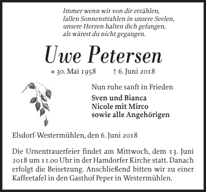  Traueranzeige für Uwe Petersen vom 08.06.2018 aus Landeszeitung