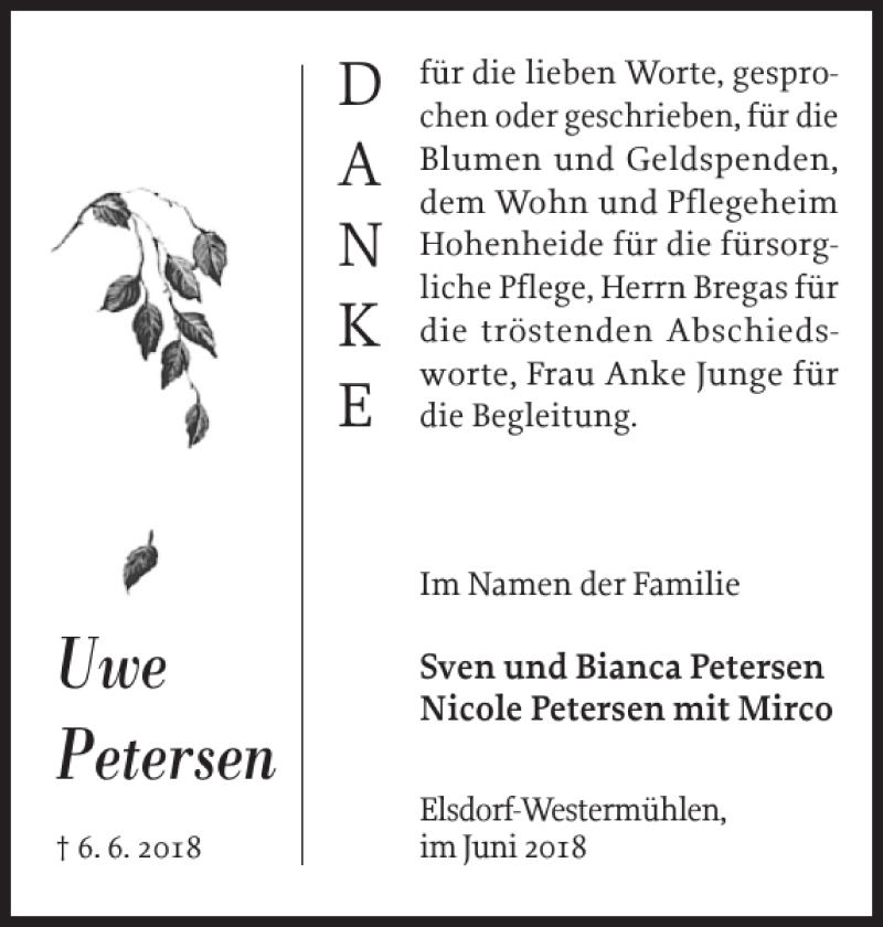  Traueranzeige für Uwe Petersen vom 30.06.2018 aus Landeszeitung