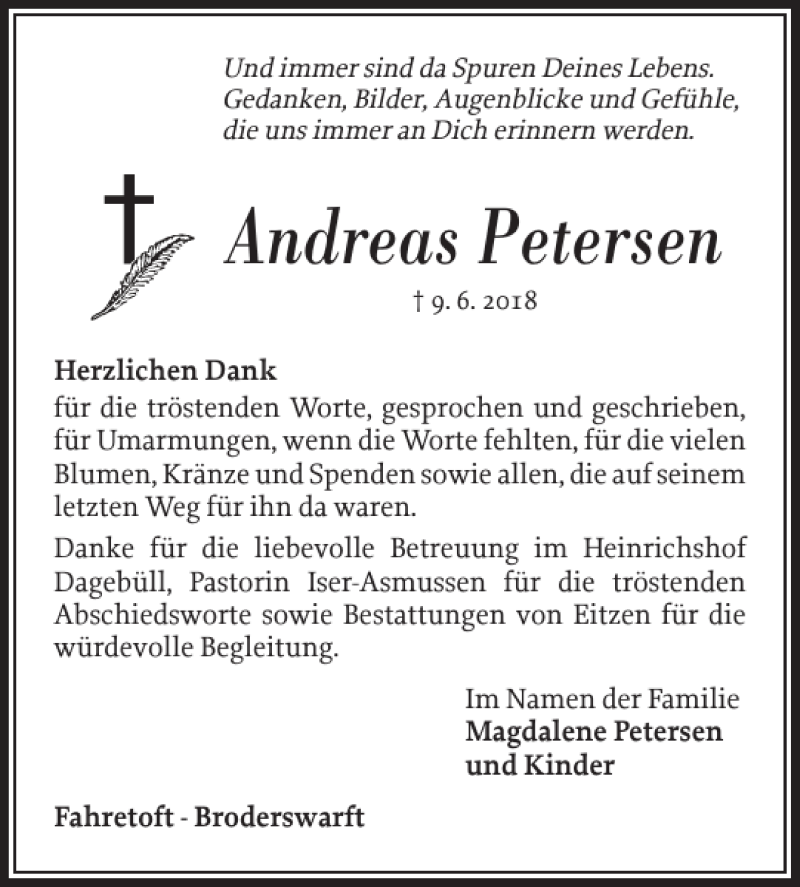 Traueranzeige für Andreas Petersen vom 07.07.2018 aus Nordfriesland Tageblatt