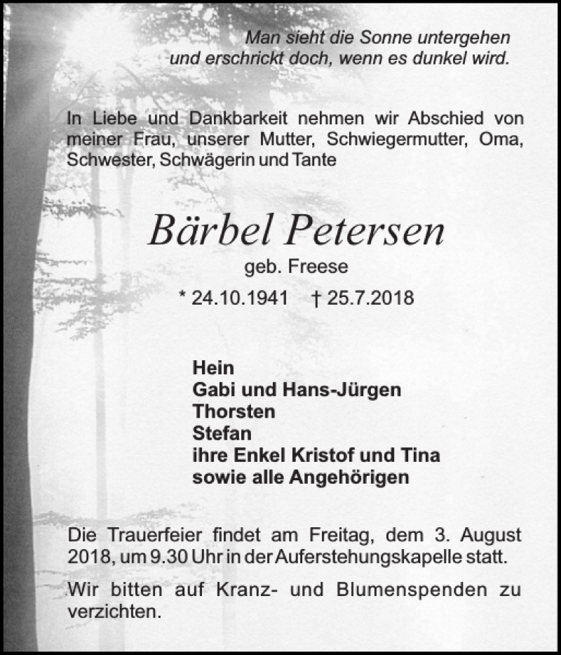  Traueranzeige für Bärbel Petersen vom 28.07.2018 aus Holsteinischer Courier
