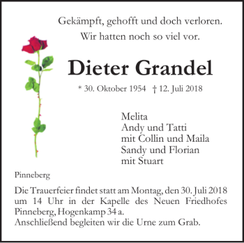 Traueranzeige von Dieter Grandel von Pinneberger Tageblatt