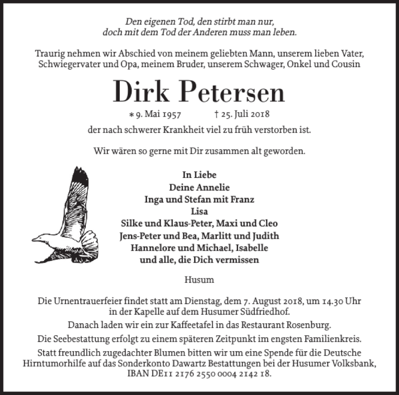  Traueranzeige für Dirk Petersen vom 28.07.2018 aus Husumer Nachrichten