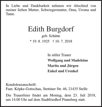 Traueranzeige von Edith Burgdorf von Pinneberger Tageblatt