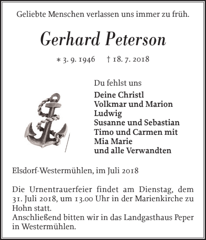  Traueranzeige für Gerhard Peterson vom 26.07.2018 aus Landeszeitung