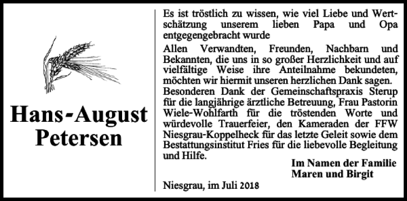  Traueranzeige für Hans-August Petersen vom 28.07.2018 aus Flensburger Tageblatt