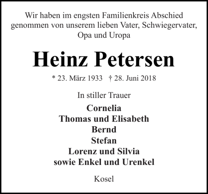  Traueranzeige für Heinz Petersen vom 14.07.2018 aus Eckernförder Zeitung
