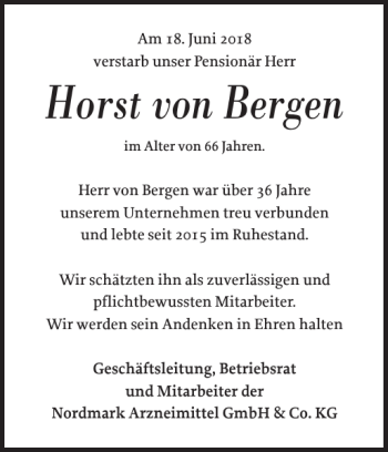 Traueranzeige von Horst von Bergen von Uetersener Nachrichten