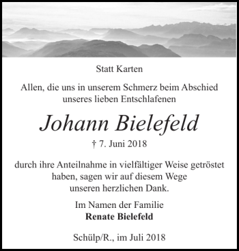 Traueranzeige von Johann Bielefeld von Landeszeitung