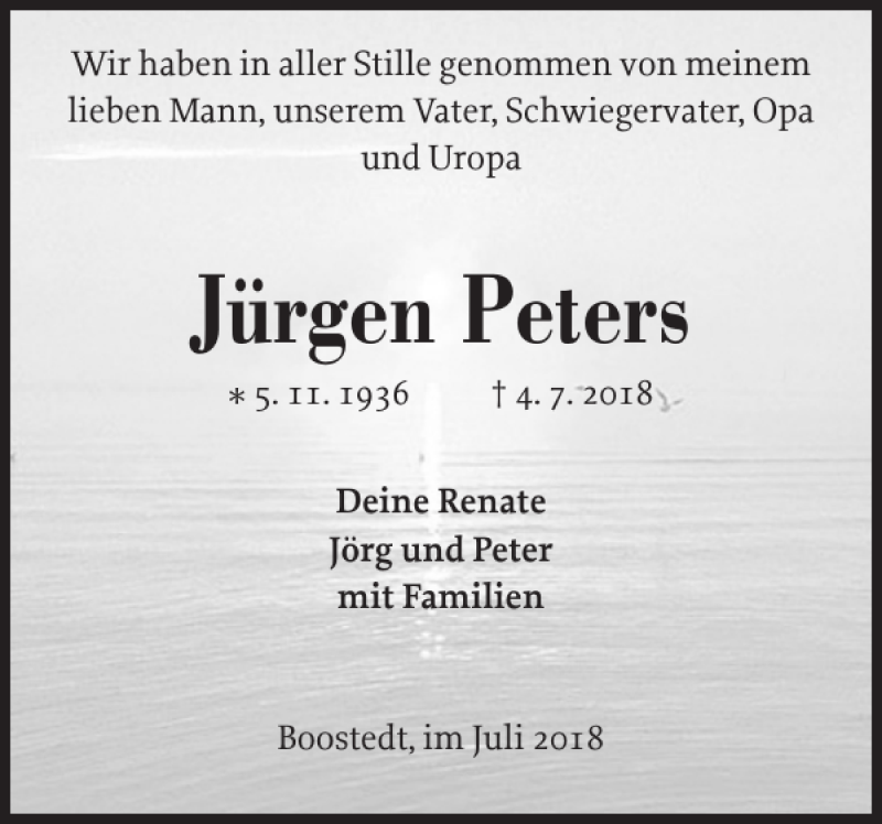  Traueranzeige für Jürgen Peters vom 21.07.2018 aus Holsteinischer Courier