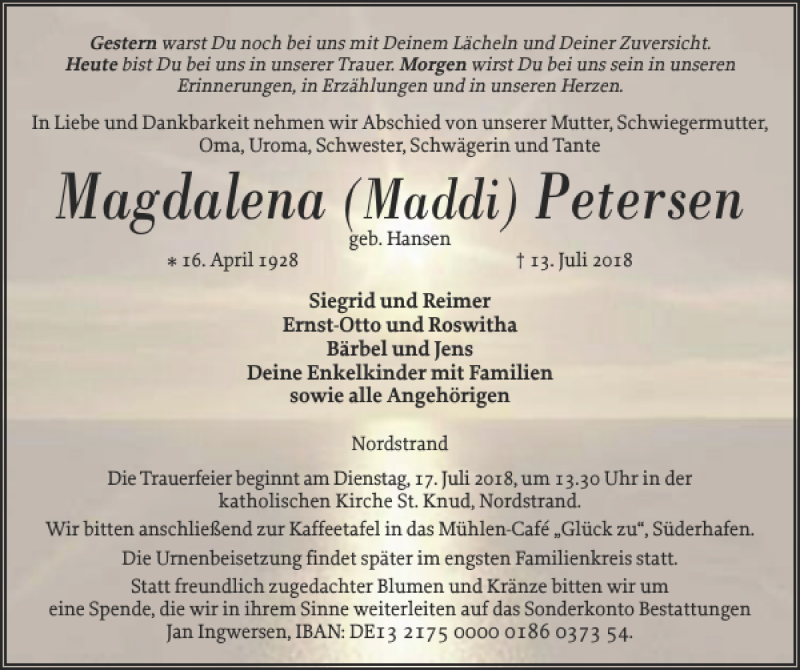  Traueranzeige für Magdalena Petersen vom 16.07.2018 aus Husumer Nachrichten