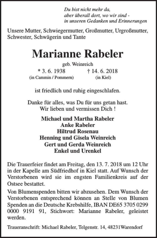  Traueranzeige für Marianne Rabeler vom 07.07.2018 aus Elmshorner Nachrichten