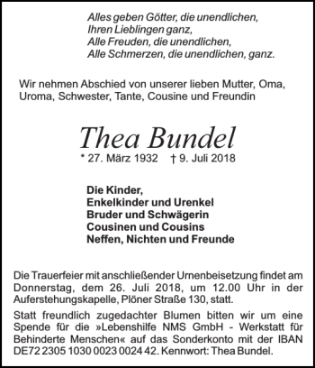 Traueranzeige von Thea Bundel von Holsteinischer Courier
