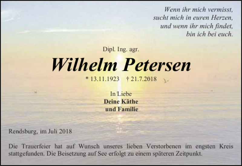  Traueranzeige für Wilhelm Petersen vom 28.07.2018 aus Landeszeitung