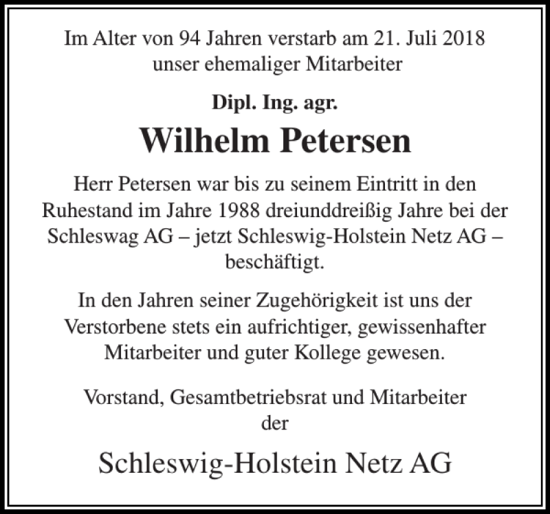  Traueranzeige für Wilhelm Petersen vom 28.07.2018 aus Landeszeitung