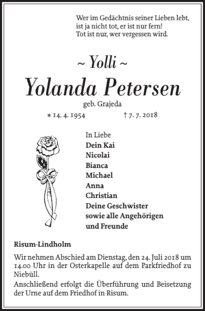  Traueranzeige für Yolanda Petersen vom 14.07.2018 aus Nordfriesland Tageblatt