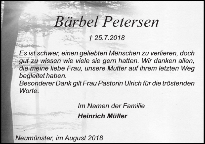  Traueranzeige für Bärbel Petersen vom 18.08.2018 aus Holsteinischer Courier