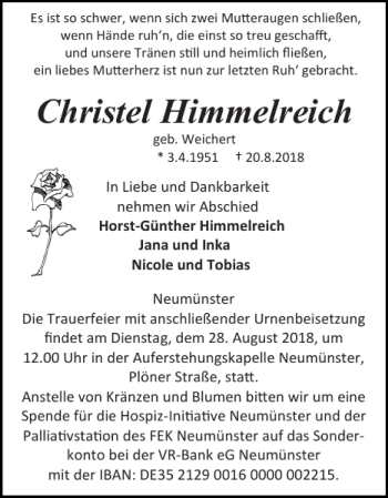 Traueranzeige von Christel Himmelreich von Holsteinischer Courier