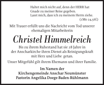 Traueranzeige von Christel Himmelreich von Holsteinischer Courier