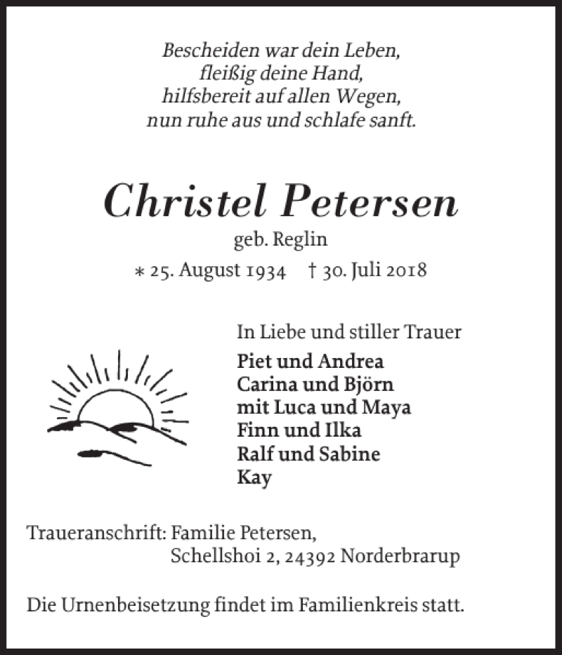  Traueranzeige für Christel Petersen vom 04.08.2018 aus Schleswiger Nachrichten