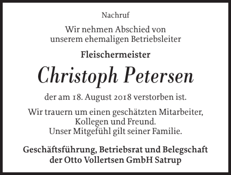  Traueranzeige für Christoph Petersen vom 22.08.2018 aus Flensburger Tageblatt