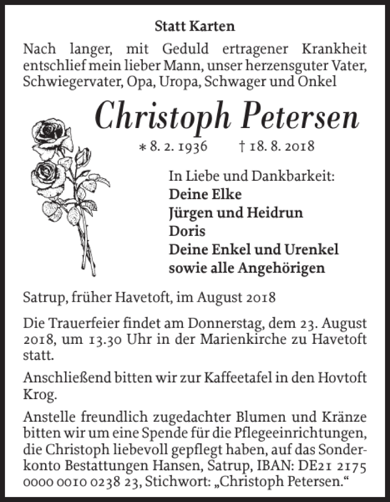  Traueranzeige für Christoph Petersen vom 21.08.2018 aus Flensburger Tageblatt