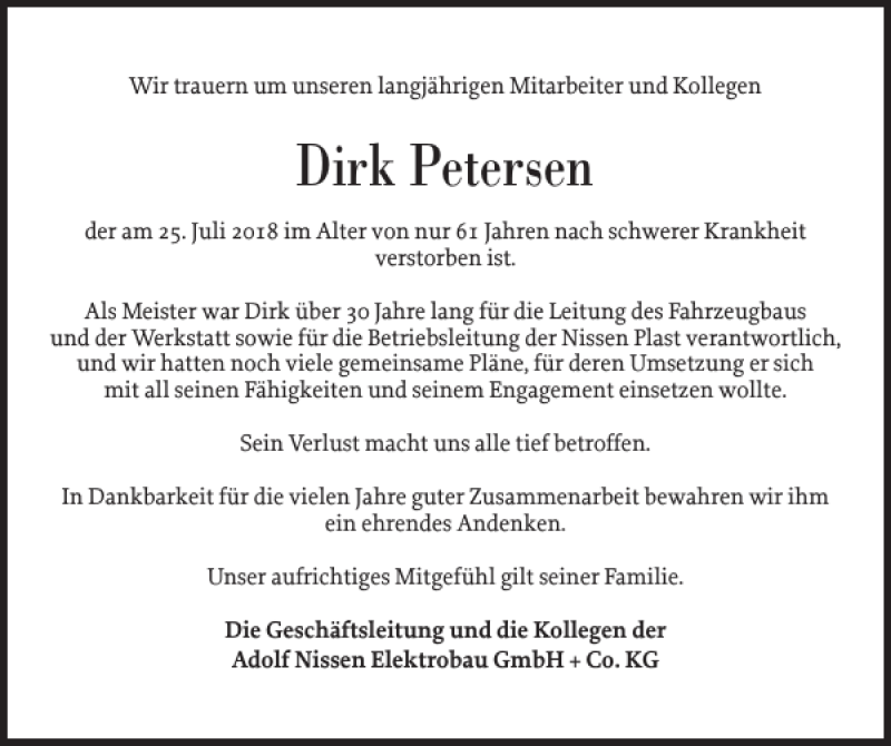  Traueranzeige für Dirk Petersen vom 01.08.2018 aus Husumer Nachrichten