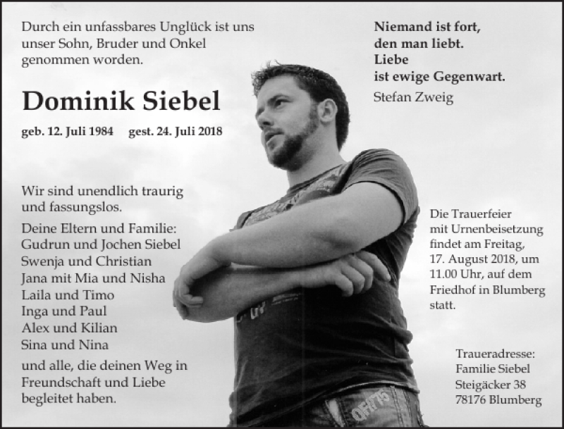  Traueranzeige für Dominik Siebel vom 11.08.2018 aus Eckernförder Zeitung