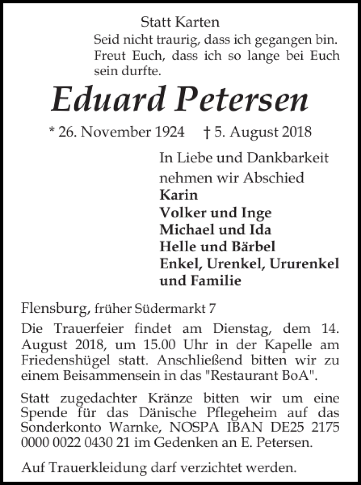  Traueranzeige für Eduard Petersen vom 09.08.2018 aus Flensburger Tageblatt