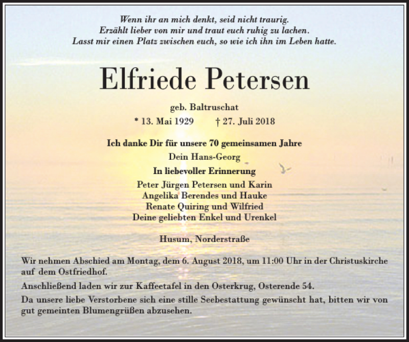  Traueranzeige für Elfriede Petersen vom 02.08.2018 aus Husumer Nachrichten