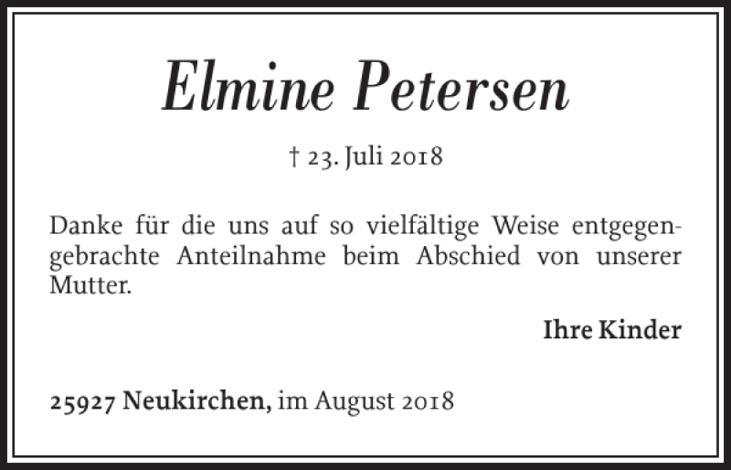  Traueranzeige für Elmine Petersen vom 18.08.2018 aus Nordfriesland Tageblatt