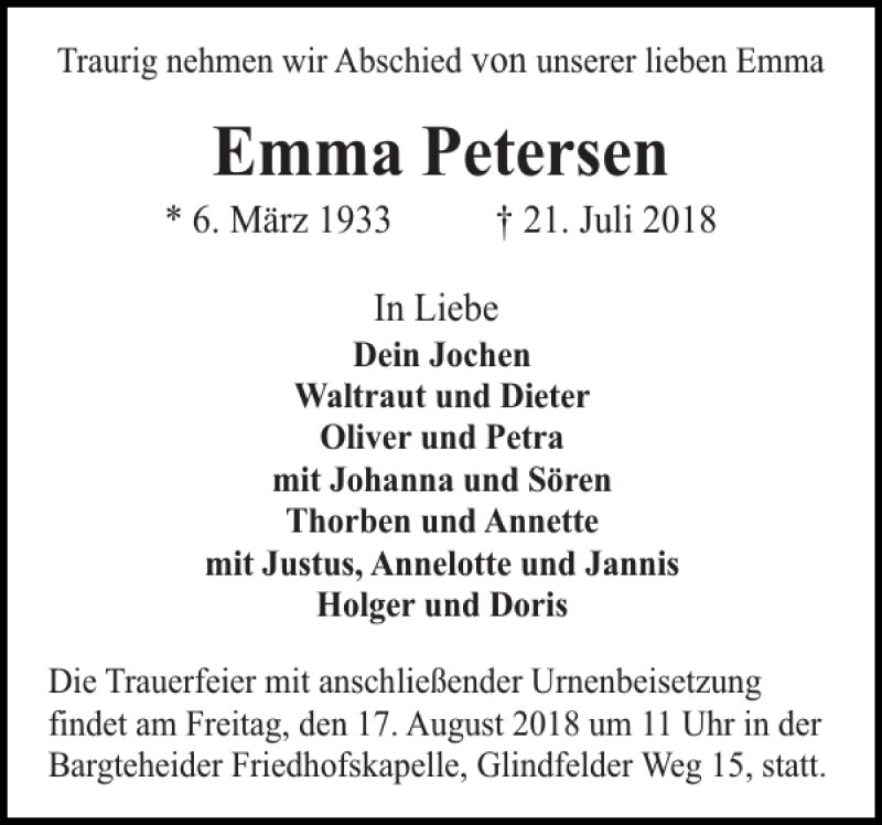  Traueranzeige für Emma Petersen vom 11.08.2018 aus Husumer Nachrichten